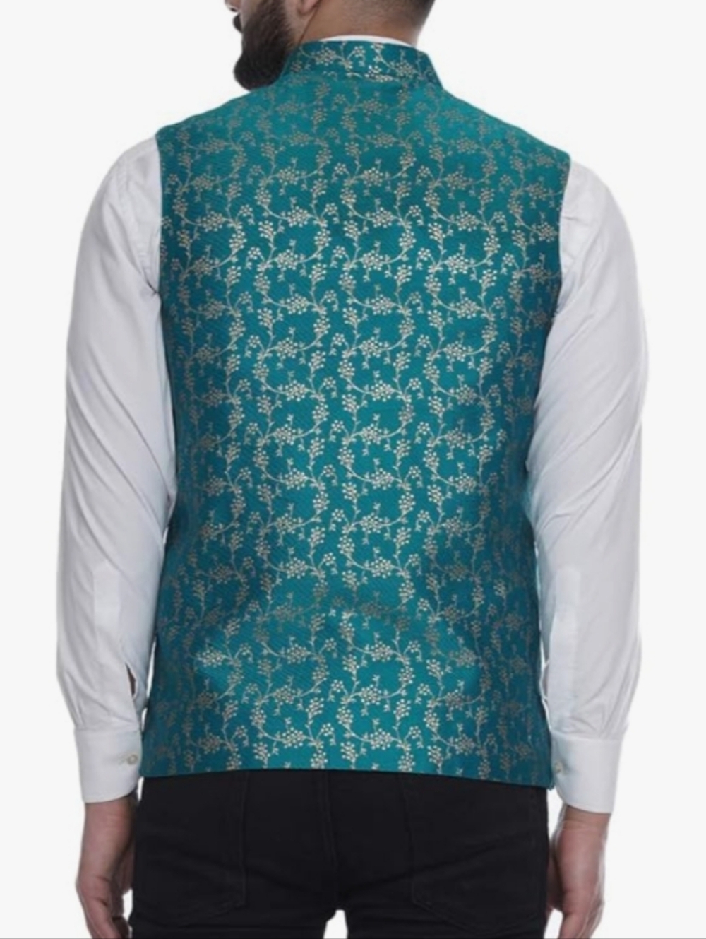 Teal Floral Brocade Nehru Vest - Picture 3 of 8